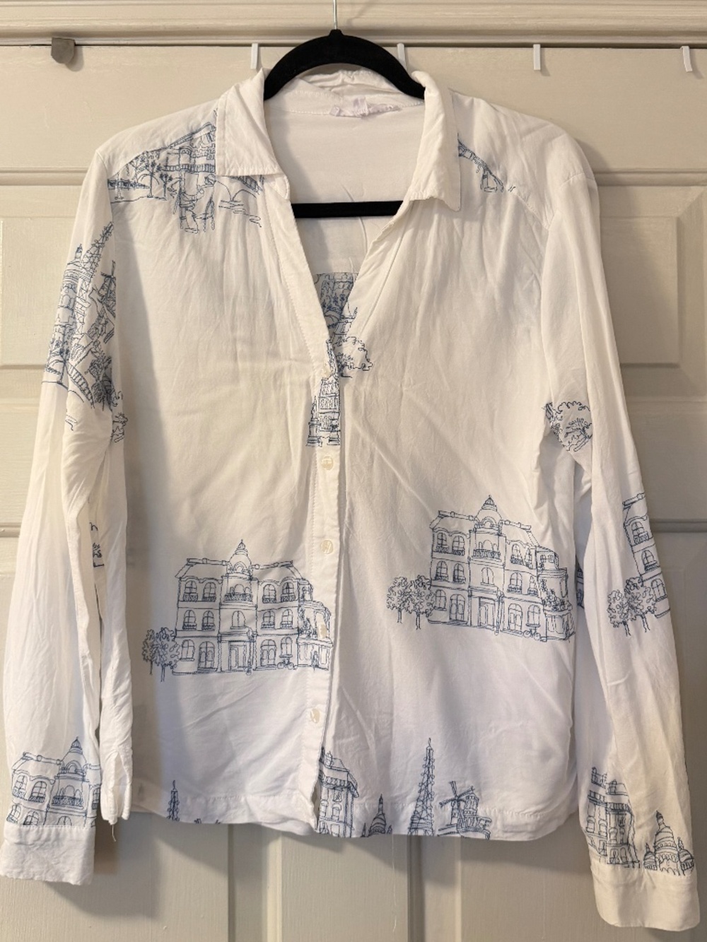Jane + Delancey Paris Cityscape Toile Women's Button-Down XL Embroidered White